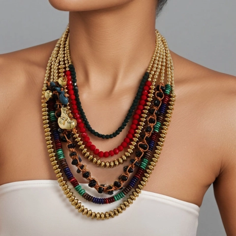 Layered Beaded Necklace For Women Multi Strand Alloy Acrylic Glass CCB Beads Bohemian Ethnic Style Jewelry With Toggle Clasp