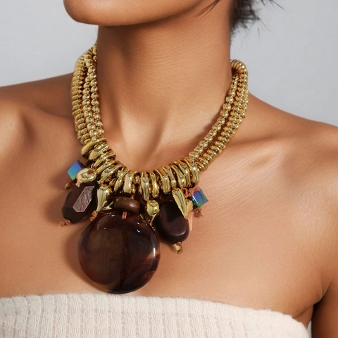 Bohemian Multi-layer Statement Necklace Golden Beads Resin Marble Pendant Heart Charms Vintage Accessory For Women