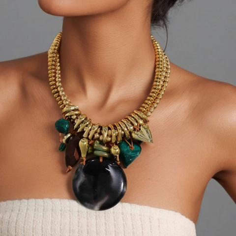 Bohemian Multi-layer Statement Necklace Golden Beads Resin Marble Pendant Heart Charms Vintage Accessory For Women