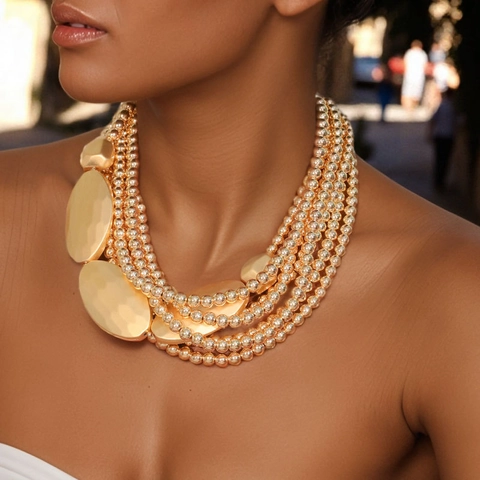 Multi Layer Beaded Necklace Gold Plated CCB Alloy Round Beads Statement Toggle Clasp Hammered Geometric Plates For Women