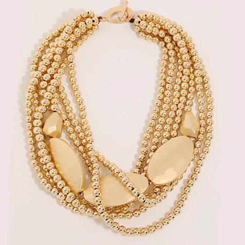 Multi Layer Beaded Necklace Gold Plated CCB Alloy Round Beads Statement Toggle Clasp Hammered Geometric Plates For Women