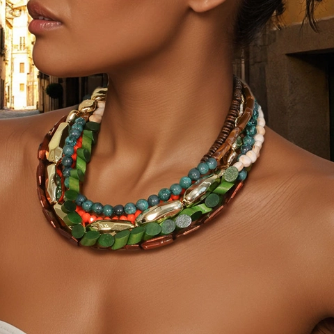 Bohemian Multi-Layer Beaded Necklace With Wood Alloy And Acrylic Beads Toggle Clasp Ethnic Style For Women