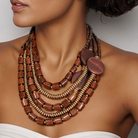 Multi Layer Beaded Necklace Wood CCB Alloy Beads Bohemian Retro Ethnic Style Jewelry For Women