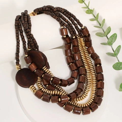 Multi Layer Beaded Necklace Wood CCB Alloy Beads Bohemian Retro Ethnic Style Jewelry For Women