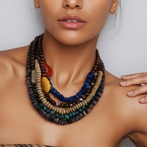 Bohemian Multi-Layer Beaded Necklace With Wood Acrylic Alloy Ethnic Statement Jewelry For Women
