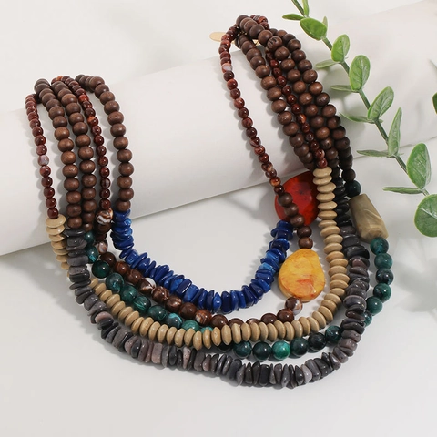 Bohemian Multi-Layer Beaded Necklace With Wood Acrylic Alloy Ethnic Statement Jewelry For Women
