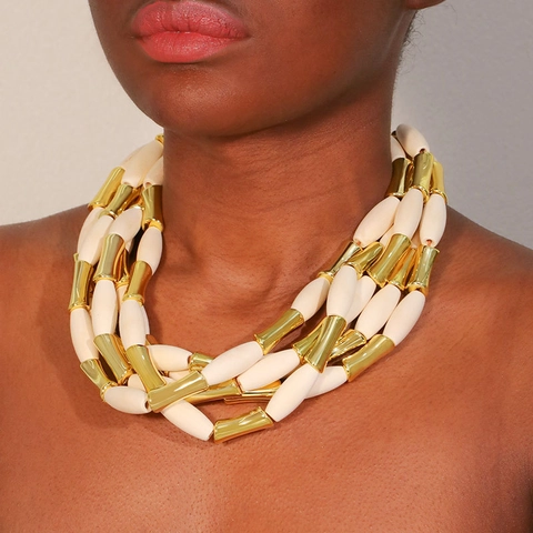 Multi Layer Necklace Wood Beads Gold CCB Tube Bamboo Shape Bohemian Retro Ethnic Jewelry For Women Toggle Clasp