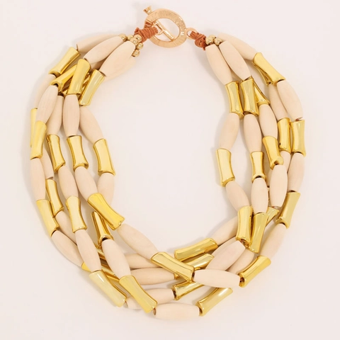 Multi Layer Necklace Wood Beads Gold CCB Tube Bamboo Shape Bohemian Retro Ethnic Jewelry For Women Toggle Clasp