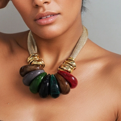 Bohemian Statement Necklace For Women Gold Mesh Chain With Large Teardrop Acrylic Resin Pendants Vintage Chunky Collar Jewelry