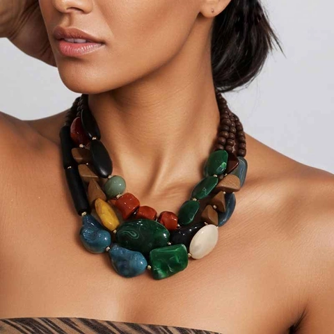 Bohemian Multi-Layer Beaded Necklace For Women Wood Acrylic Alloy CCB Ethnic Vintage Handmade Statement Jewelry