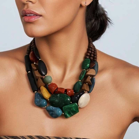 Bohemian Multi-Layer Beaded Necklace For Women Wood Acrylic Alloy CCB Ethnic Vintage Handmade Statement Jewelry