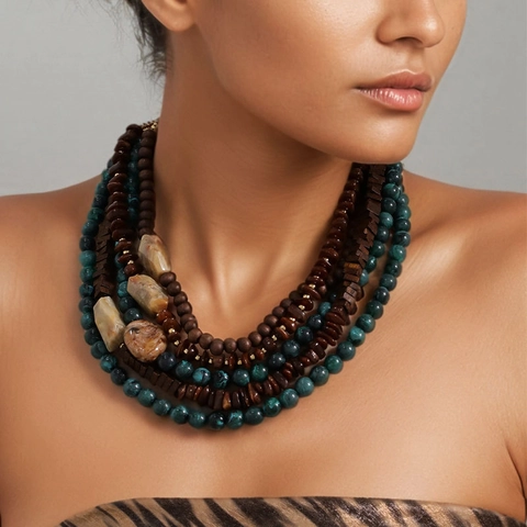 Multi-Layer Beaded Necklace Wood Acrylic Alloy Bohemian Ethnic Style Layered Statement Jewelry For Women
