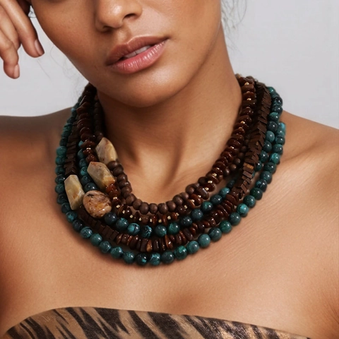 Multi-Layer Beaded Necklace Wood Acrylic Alloy Bohemian Ethnic Style Layered Statement Jewelry For Women