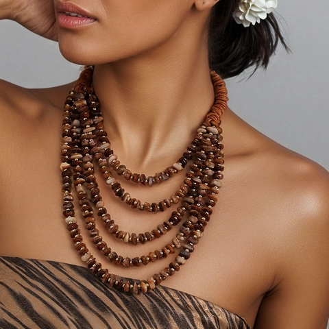 Collier Perles Multicouches Bohème Vintage Style Maillard Acrylique Pierre Imitation Cordon De Cire Choker Ethnique Femme