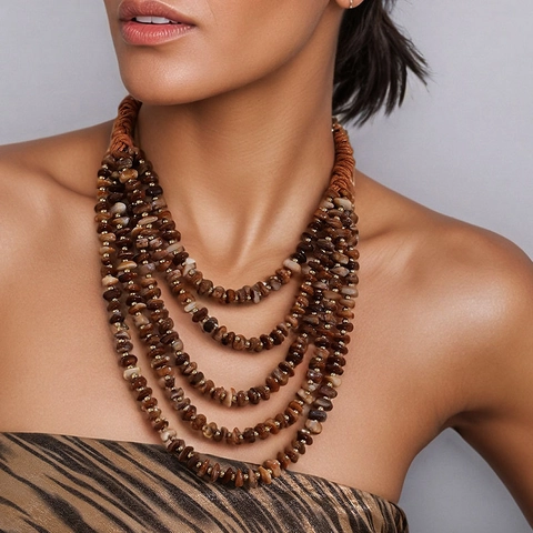Collier Perles Multicouches Bohème Vintage Style Maillard Acrylique Pierre Imitation Cordon De Cire Choker Ethnique Femme