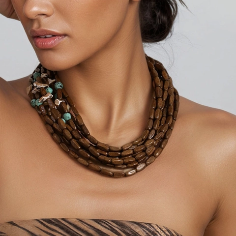 Collana Multistrato Perline Legno Acrilico Conchiglia Fatta A Mano Stile Boho Etnico Chiusura T-Bar Vintage Donna