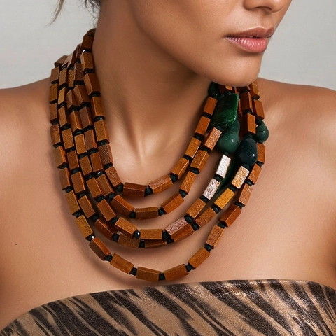 Collier Multi-Rangs Perles En Bois Acrylique Pierre Verte Boho Ethnique Bijoux De Déclaration Pour Femmes Fait Main