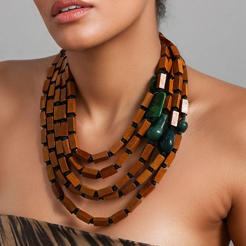 Collier Multi-Rangs Perles En Bois Acrylique Pierre Verte Boho Ethnique Bijoux De Déclaration Pour Femmes Fait Main