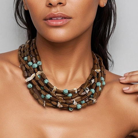 Bohemian Multi Layer Beaded Necklace With Wood Shell Acrylic Turquoise Beads Ethnic Handmade Jewelry Accessory For Women
