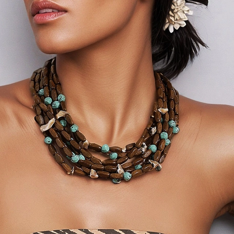 Bohemian Multi Layer Beaded Necklace With Wood Shell Acrylic Turquoise Beads Ethnic Handmade Jewelry Accessory For Women