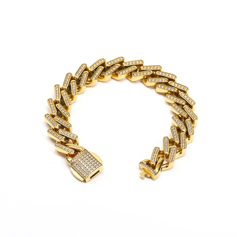 Hip Hop Iced Out Panzerkette Armband Für Damen Herren Edelstahl Zirkonia Strass Eingelegt 18K Vergoldet Schmuck
