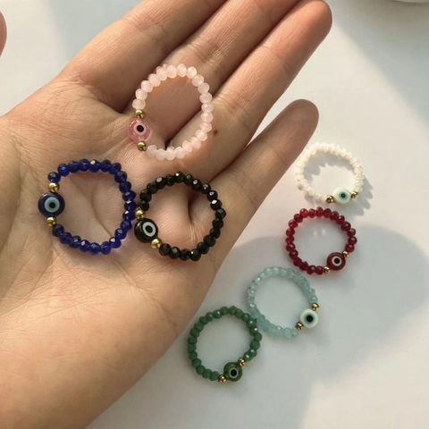 Evil Eye Beaded Ring Faceted Glass Elastic Stretch Boho Ethnic Style Fashion Jewelry For Women Gift