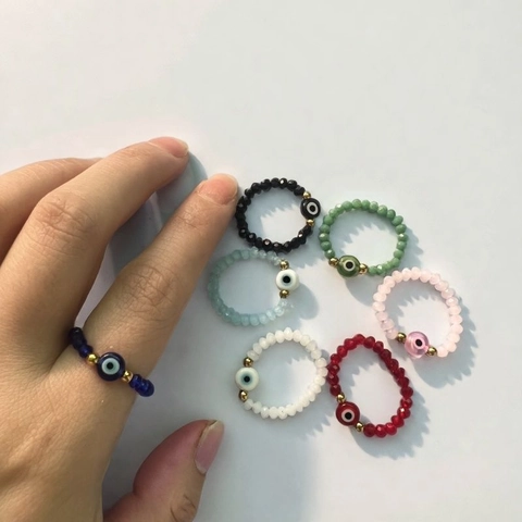 Evil Eye Beaded Ring Faceted Glass Elastic Stretch Boho Ethnic Style Fashion Jewelry For Women Gift