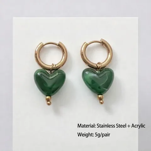 Pendientes De Aro Con Colgante De Corazón Para Mujer Acero Inoxidable Resina Textura Mármol Joyería