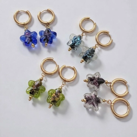 Ster Hanger Hoop Oorbellen Roestvrij Staal Glas Glinsterende Retro Handgemaakt Voor Dames