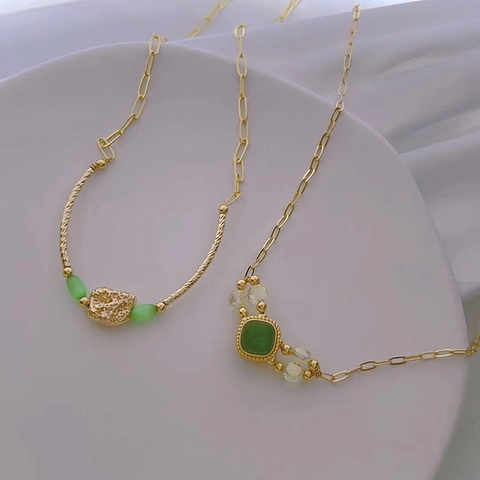 Green Synthetic Stone Square Pendant Necklace Vintage Copper Paperclip Link Chain Elegant Jewelry For Women