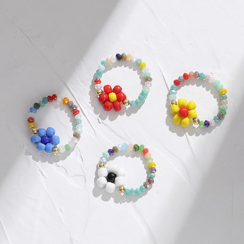 Handmade Colorful Beaded Flower Ring For Women Elastic Acrylic Resin Beads Cherry Pendant Bohemian Fashion Finger Jewelry