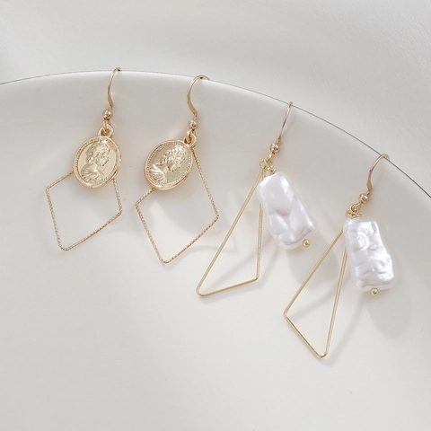 Pendientes De Gota Con Perla Barroca Artificial Retrato De Reina Moneda Geométrico Cobre Bañado En Oro Joyería Vintage Para Mujeres