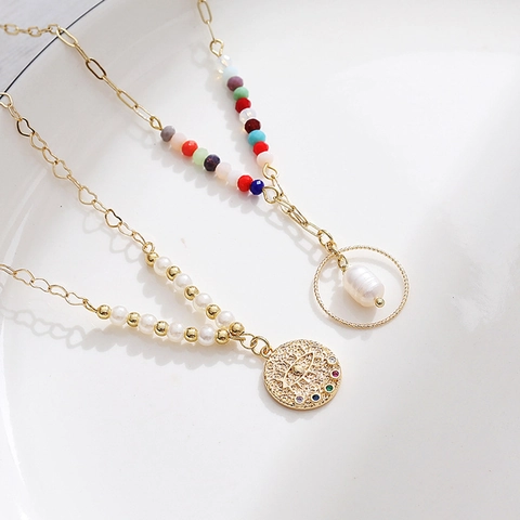 Stainless Steel Necklace With Artificial Pearl Colorful Beads Rhinestones Evil Eye Heart Link Vintage Bohemian For Women