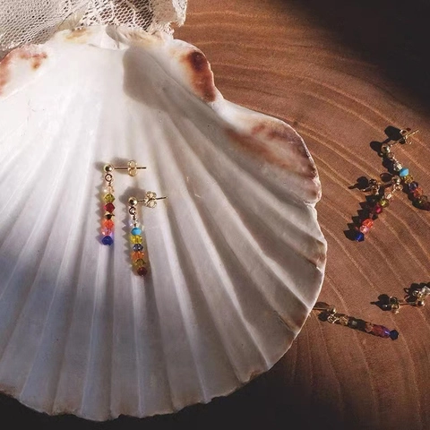Orecchini Pendenti Perle Vetro Arcobaleno Vintage Lega Dorata Geometrici Gioielli Donna