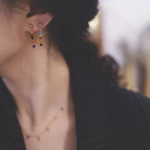 Orecchini Pendenti Perle Vetro Arcobaleno Vintage Lega Dorata Geometrici Gioielli Donna