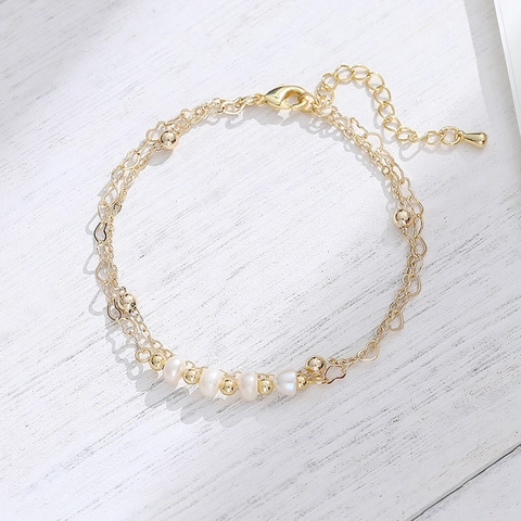 Doppelreihiges Armband Edelstahl 14K Vergoldet Herz Kette Süßwasserperle Ins Stil Eleganter Schmuck Für Damen