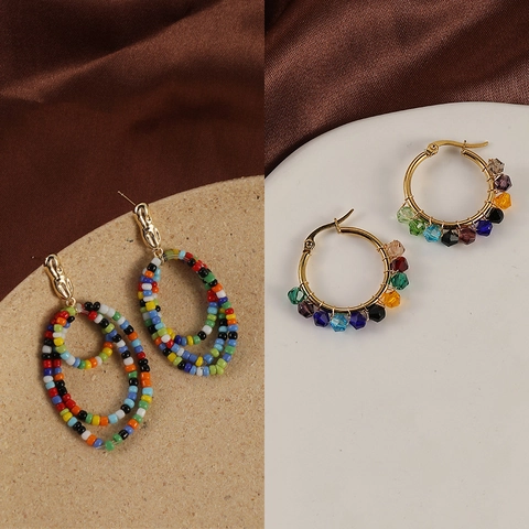 Handmade Colorful Beaded Earrings Bohemian Retro Copper Hoop Multi Layer Oval Drop Crystal Ethnic Jewelry For Women