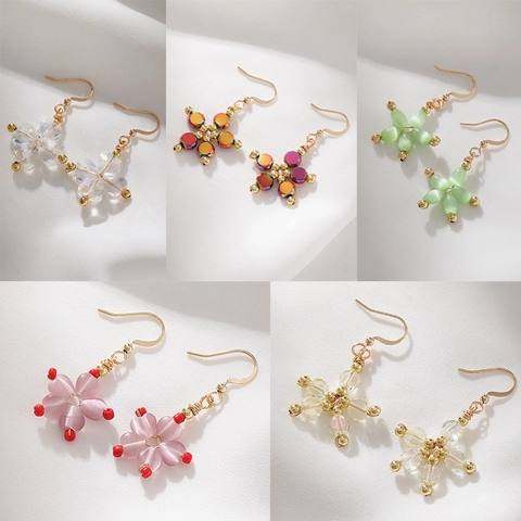 Handmade Flower Dangle Hook Earrings Pink Green Cat's Eye Stone Crystal Beaded Floral Earrings For Women Girls Elegant Jewelry Gift