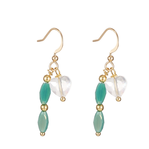 Boucles D Oreilles Pendantes Coeur En Alliage Avec Turquoise Synthétique Verte Et Perles De Cristal Transparentes