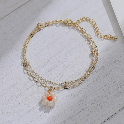 Double Layer Bracelet Stainless Steel 14K Gold Plated Handmade Bead Flower Pendant Paperclip Chain Elegant For Women
