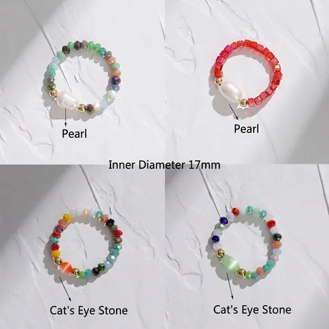 Handmade Elastic Beaded Ring Colorful Glass Beads Artificial Baroque Pearl Cats Eye Stone INS Style Fashion Jewelry For Women