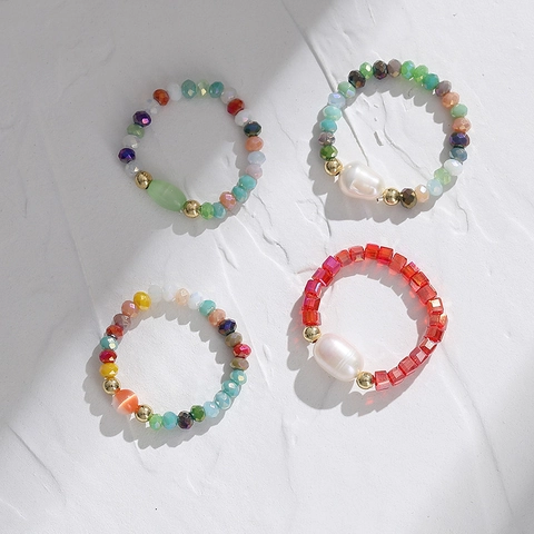 Handmade Elastic Beaded Ring Colorful Glass Beads Artificial Baroque Pearl Cats Eye Stone INS Style Fashion Jewelry For Women