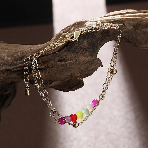 Bracciale A Doppio Strato In Acciaio Inossidabile Perle Di Cristallo Colorate Maglia A Cuore Catena Regolabile Gioielli Per Donne