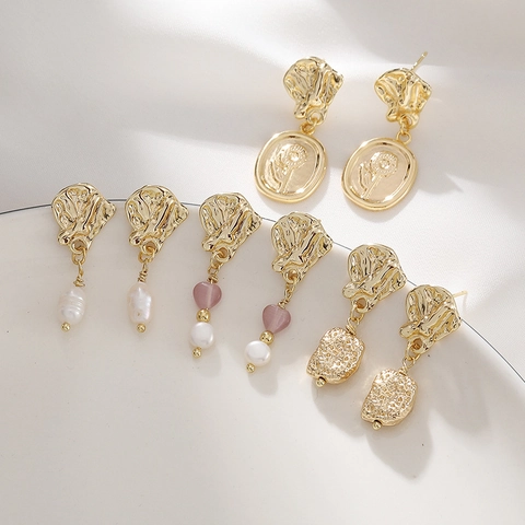 Vintage Irregular Textured Metal Drop Earrings With Artificial Pearl Heart And 925 Sterling Silver Earring Post For Women