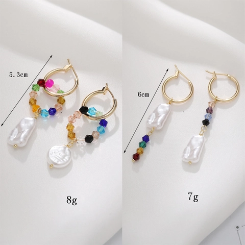 Asymmetric Hoop Earrings Multicolor Crystal Beads Baroque ABS Artificial Pearls Stainless Steel Handmade Holiday Style For Women