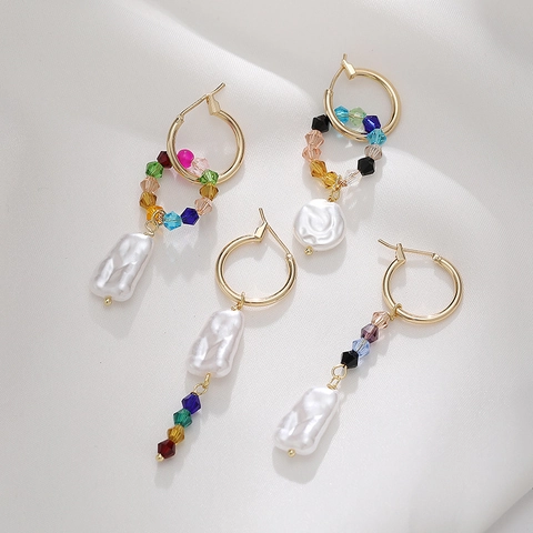 Asymmetric Hoop Earrings Multicolor Crystal Beads Baroque ABS Artificial Pearls Stainless Steel Handmade Holiday Style For Women