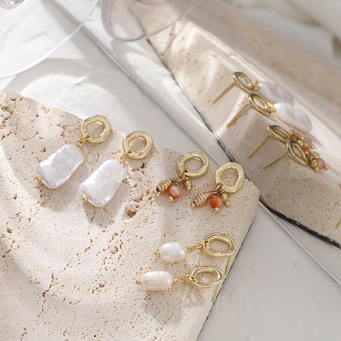 Pendientes Colgantes Geométricos De Perlas Barrocas De Agua Dulce Con Poste De Plata Joyería Vintage Para Mujer
