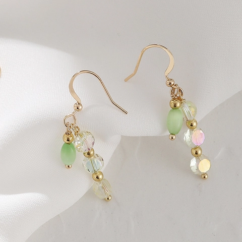 Vintage Dangle Earrings Alloy With Synthetic Cat's Eye Stone Faceted Crystal Beads Gold Plated Hook Elegant Antique Style