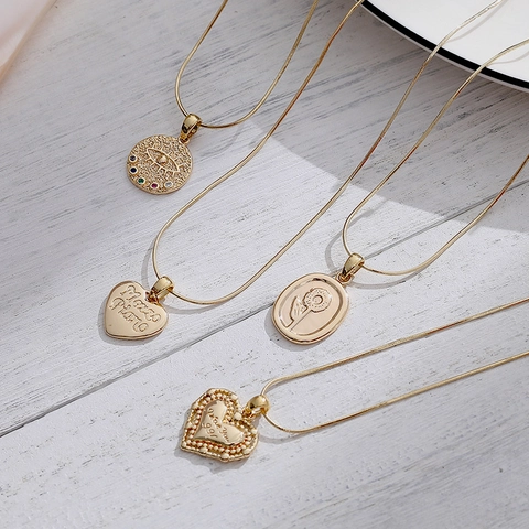 Stainless Steel Pendant Necklace 14K Gold Plated Snake Chain Evil Eye Sunflower Heart Shape Jewelry For Women