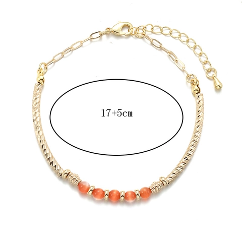 Bohemian Perlenarmband Kupfer Vergoldet Mit Orangefarbenem Synthetischem Katzenauge Stein Texturiertem Rohr Für Frauen Elegantes Geschenk